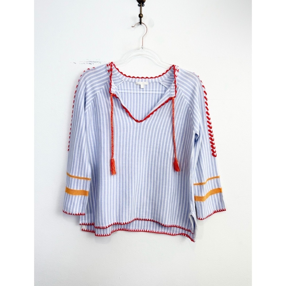 Lisa Todd Striped Cotton Crochet Trim Tassel Popover Top Size Small